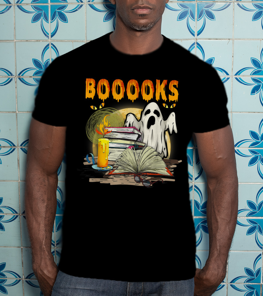BOOOOKS Cute Ghost With Candles And Stacks Of Books T-Shirt