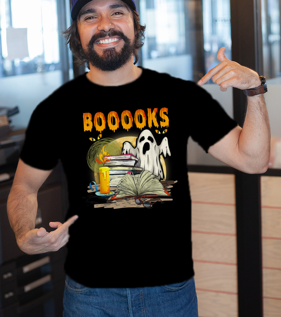 BOOOOKS Cute Ghost With Candles And Stacks Of Books T-Shirt