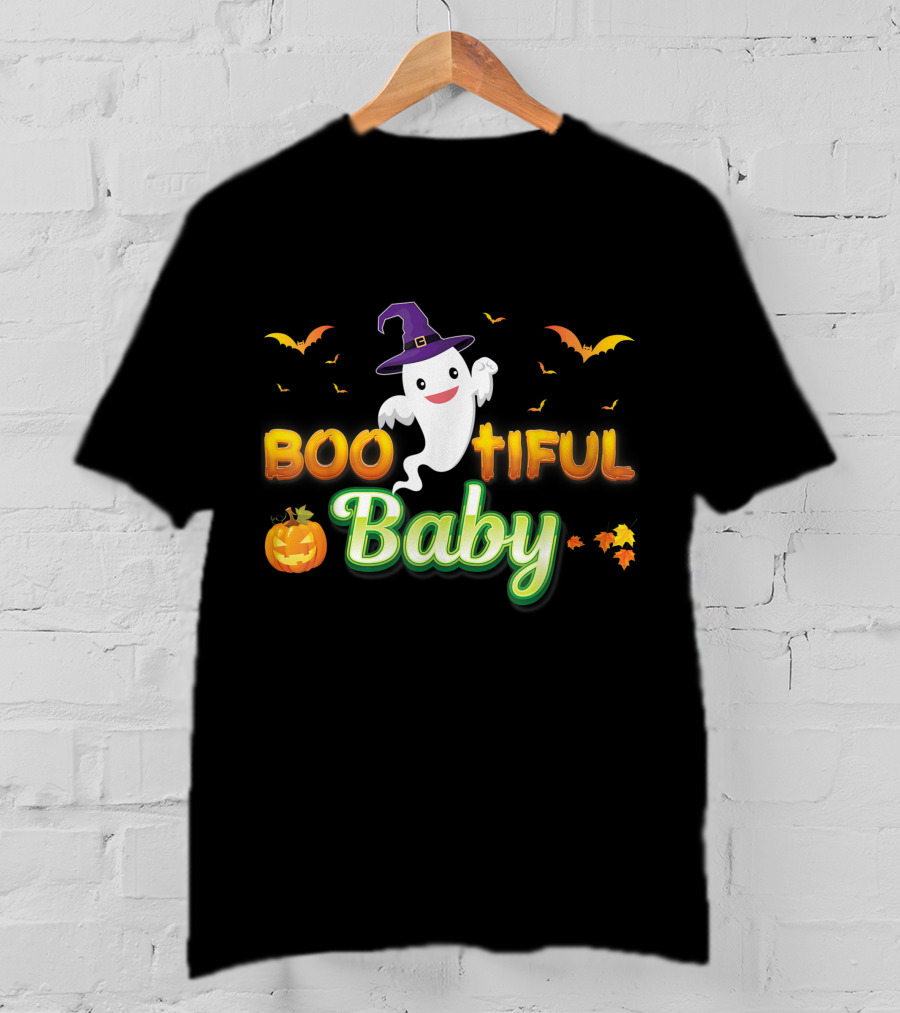 Bootiful Baby Cute Boo Ghost With Witch Hat And Pumpkin T-Shirt