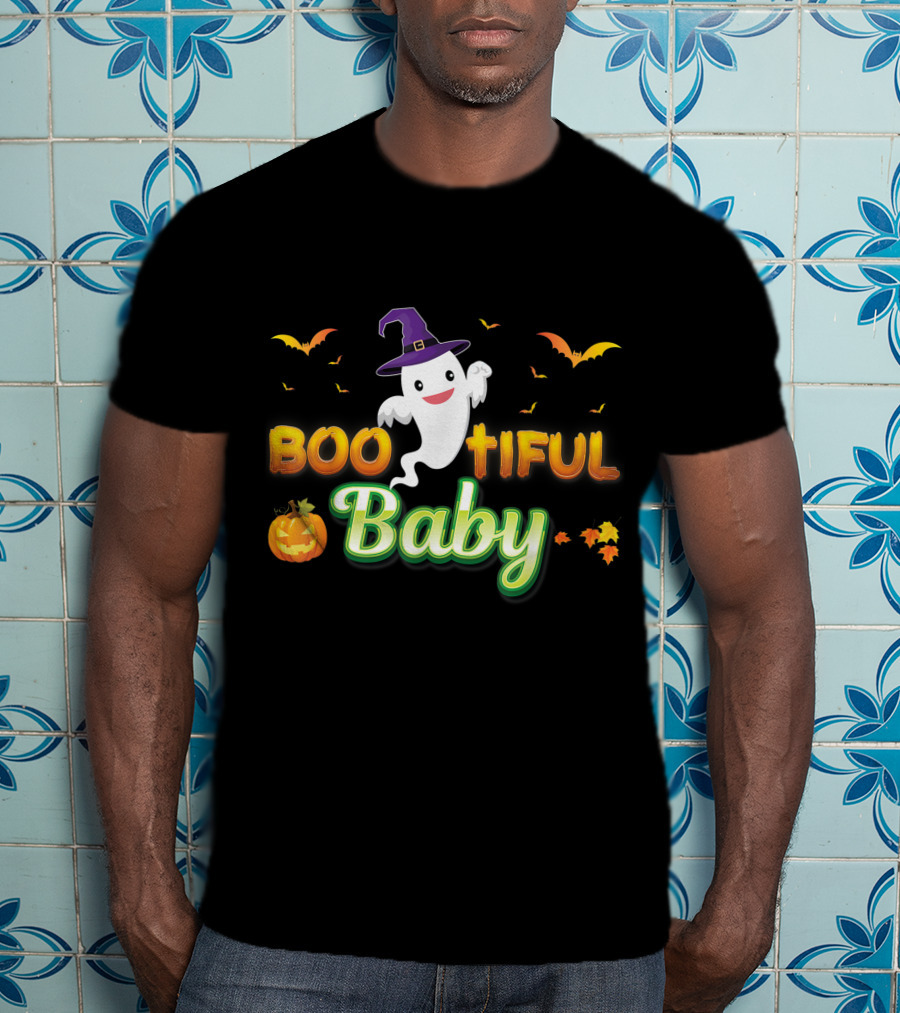 Bootiful Baby Cute Boo Ghost With Witch Hat And Pumpkin T-Shirt