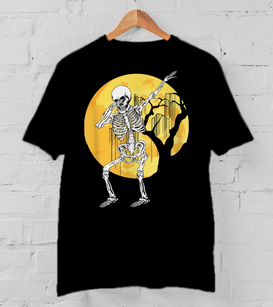 Dabbing Skeleton In Front Of Yellow Moon With Tree T-Shirt