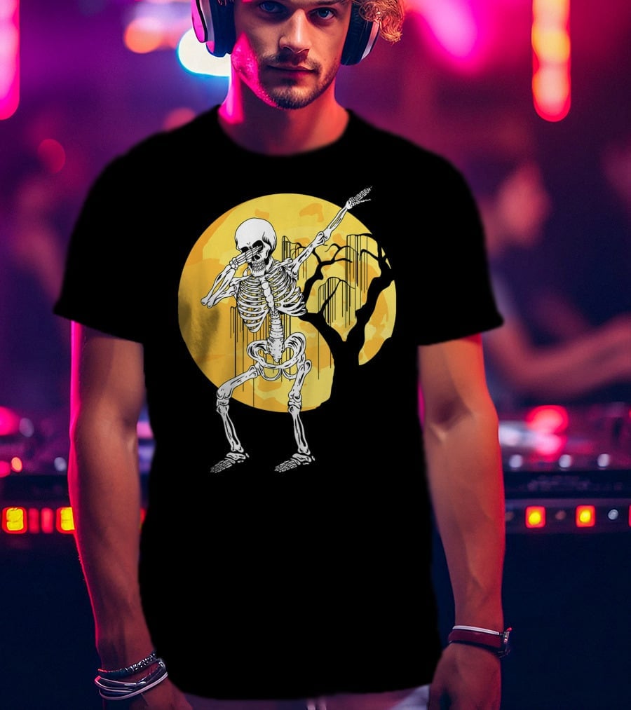 Dabbing Skeleton In Front Of Yellow Moon With Tree T-Shirt