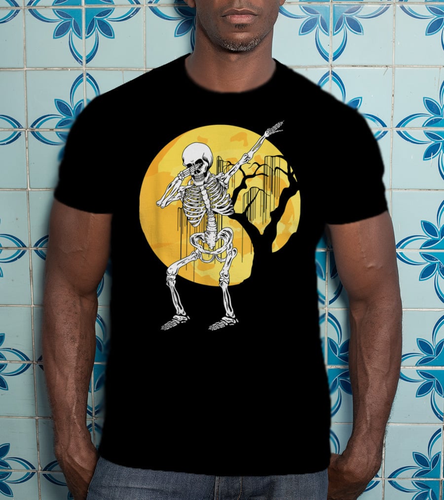 Dabbing Skeleton In Front Of Yellow Moon With Tree T-Shirt