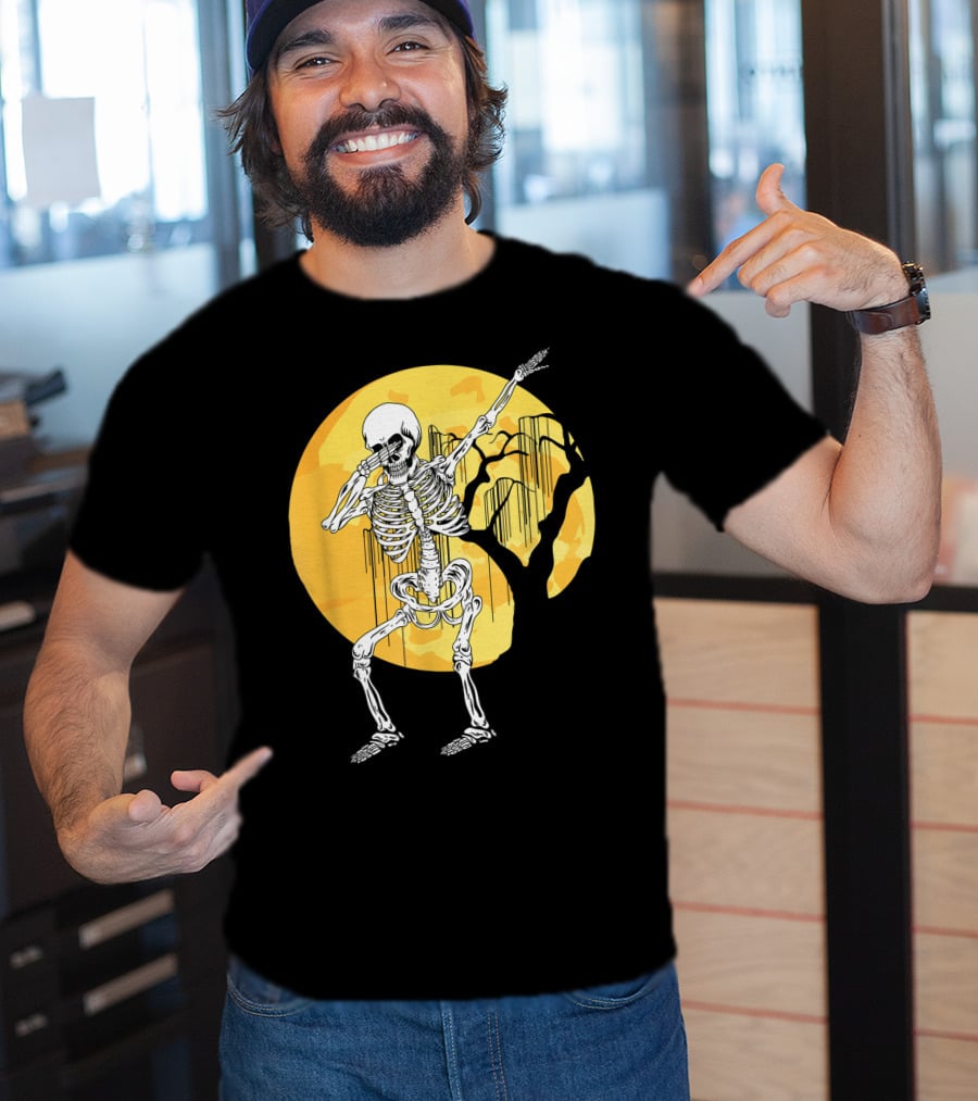 Dabbing Skeleton In Front Of Yellow Moon With Tree T-Shirt