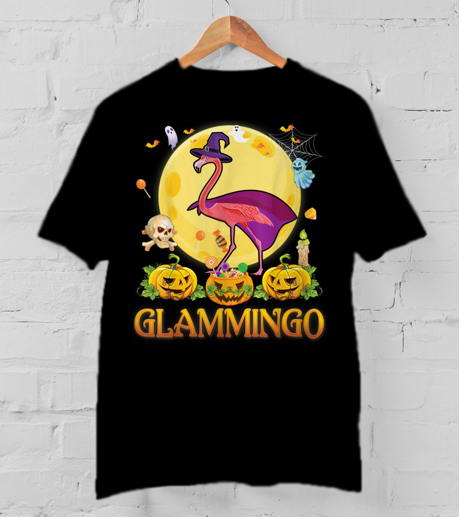Glammingo Witch Flamingo Halloween Pumpkin Moon Ghosts Skulls Candy T-Shirt