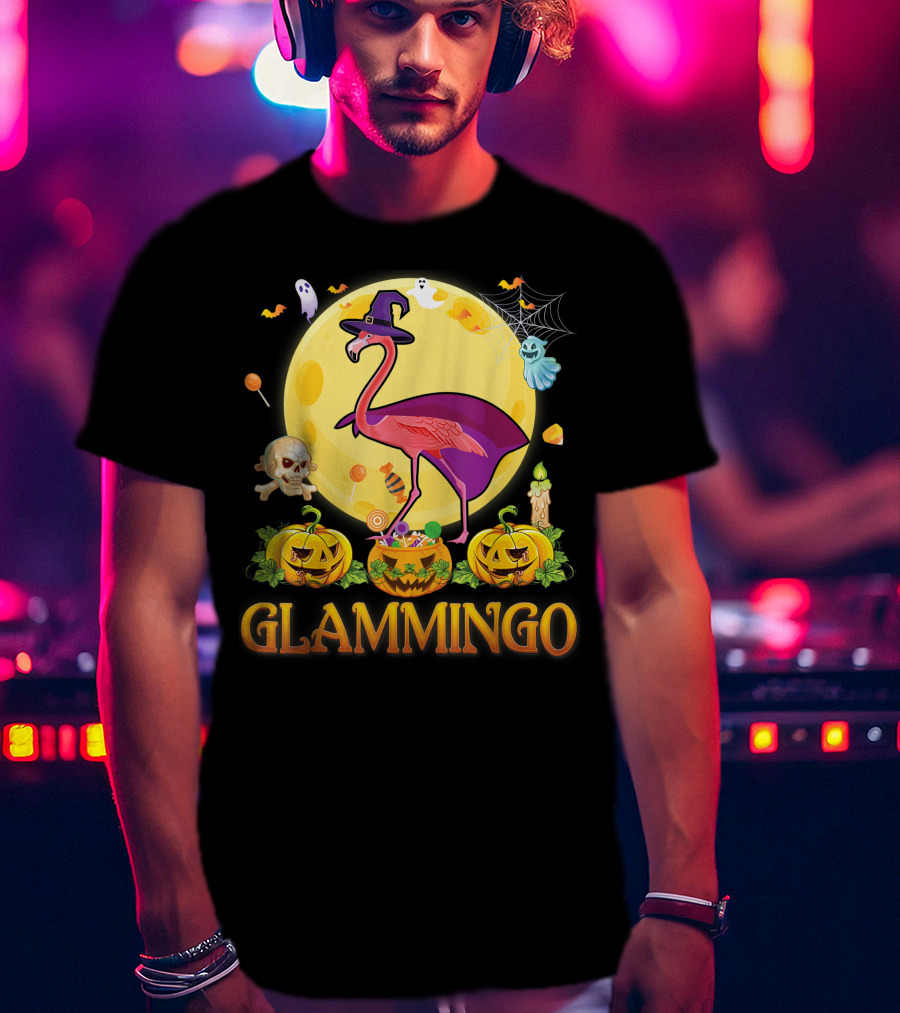 Glammingo Witch Flamingo Halloween Pumpkin Moon Ghosts Skulls Candy T-Shirt