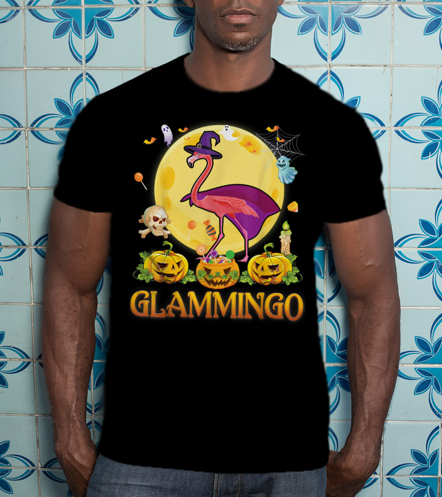 Glammingo Witch Flamingo Halloween Pumpkin Moon Ghosts Skulls Candy T-Shirt