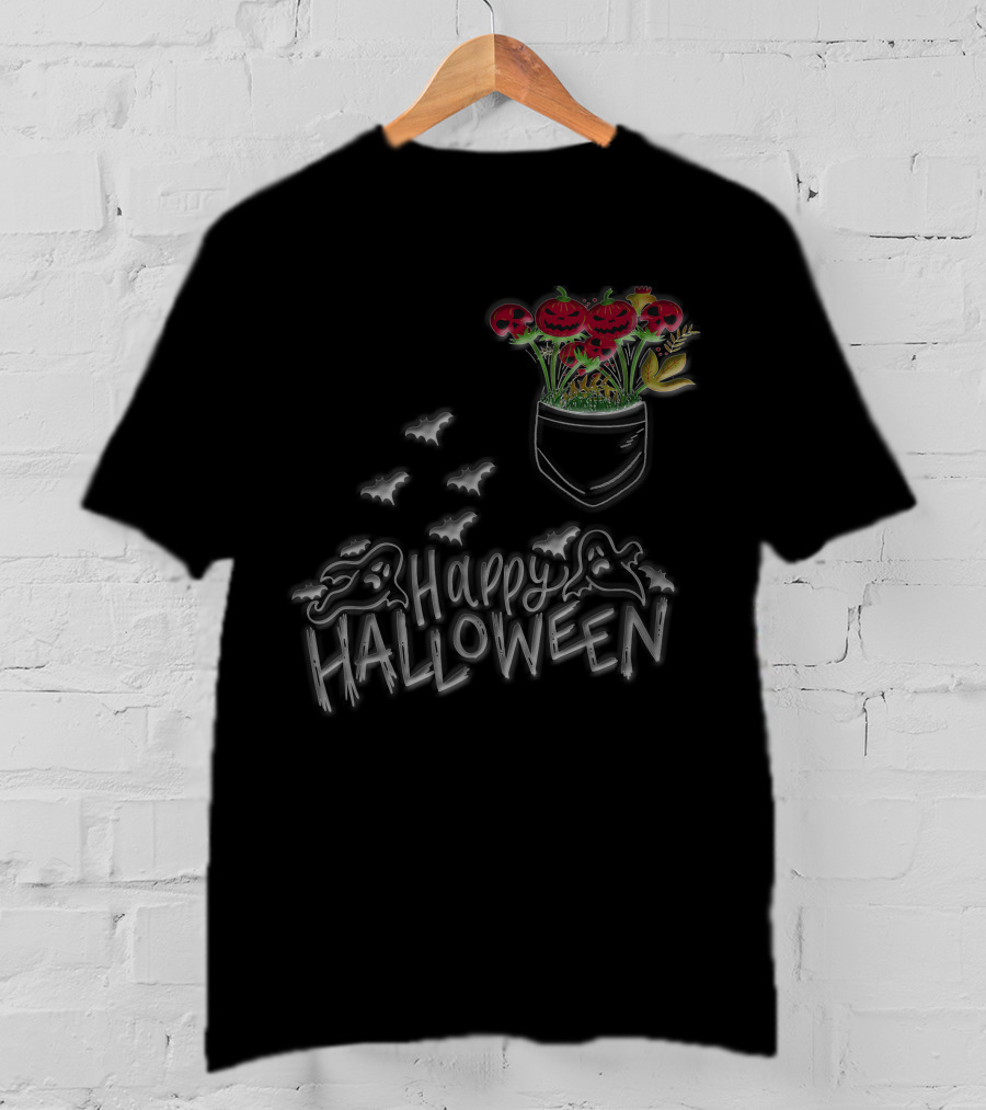 Happy Halloween Spooky Ghost Bat Pumpkin Flower Pocket T-Shirt