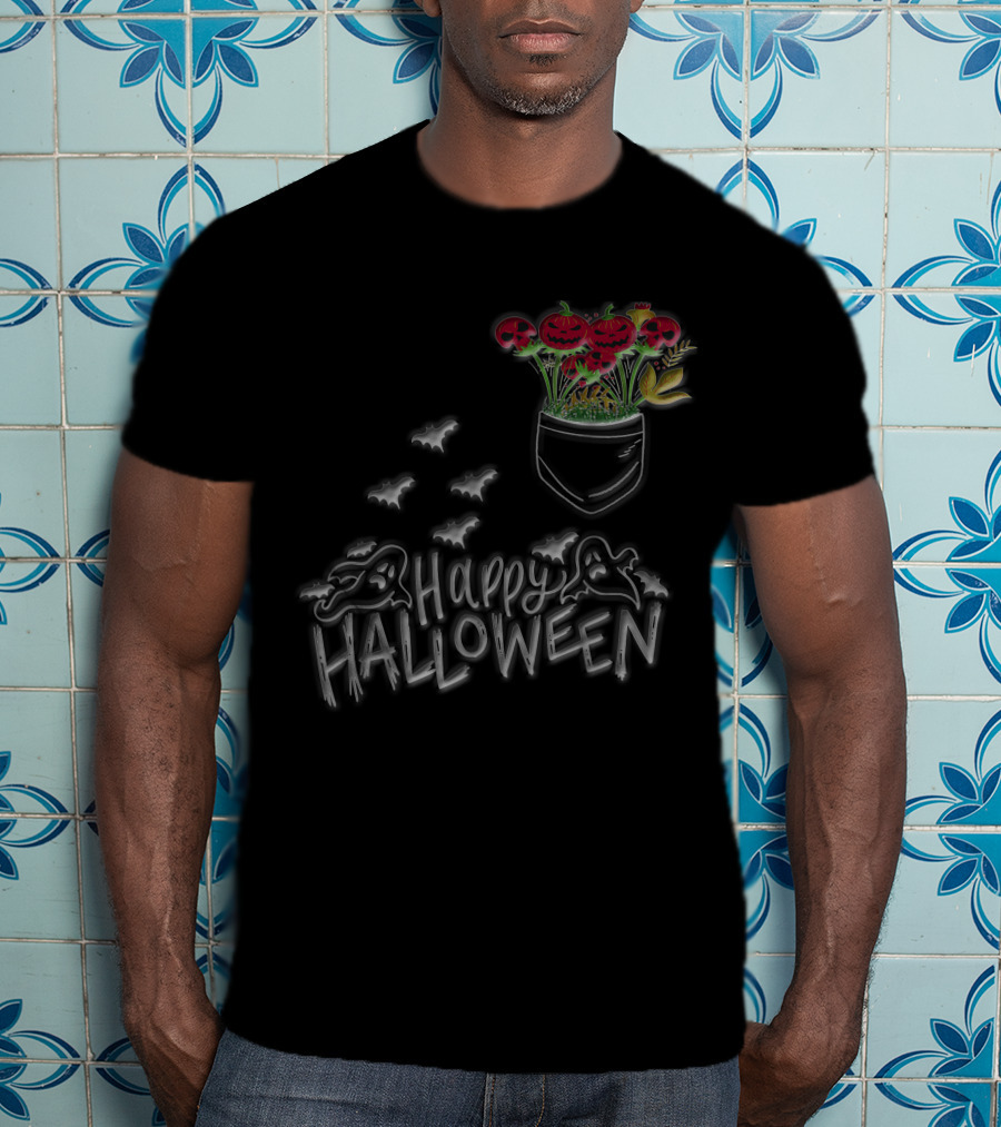 Happy Halloween Spooky Ghost Bat Pumpkin Flower Pocket T-Shirt