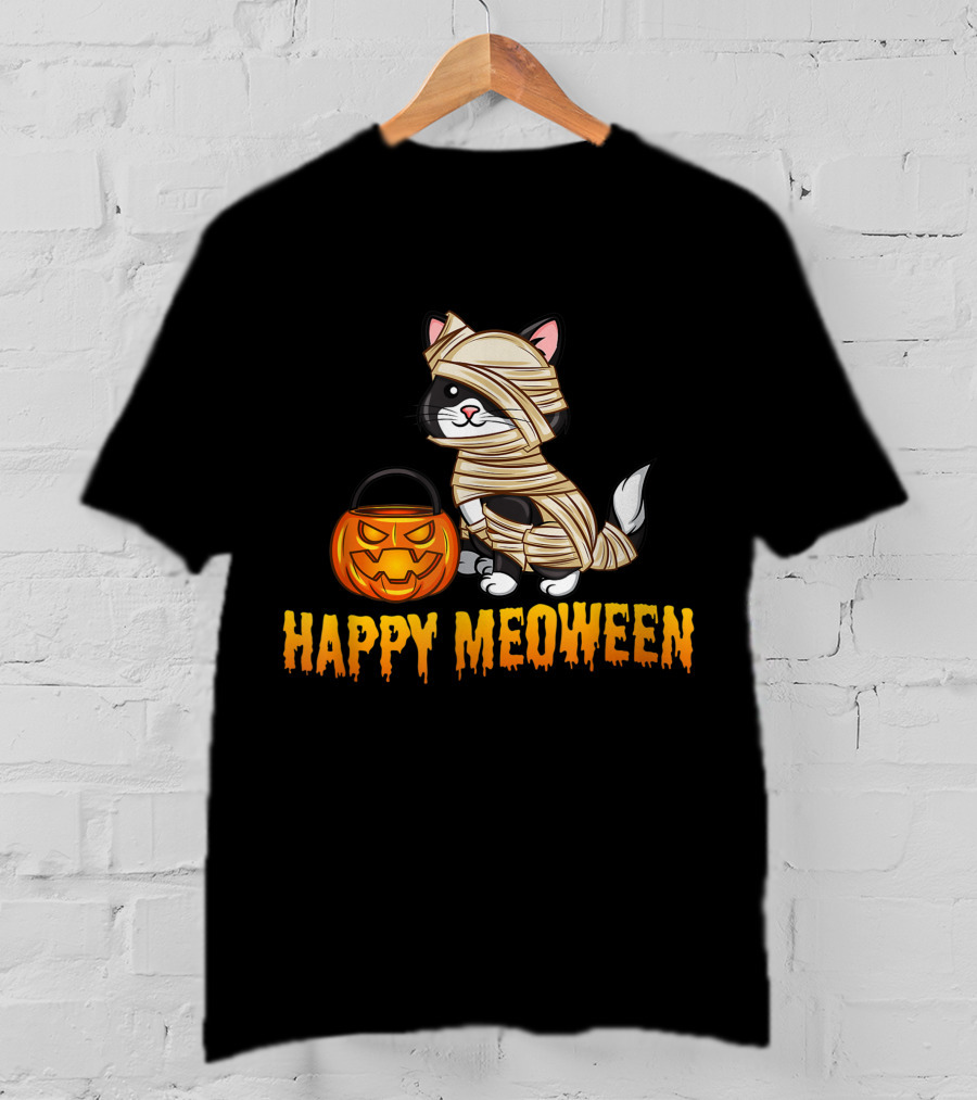 Happy Meoween Cute Cat Mummy With Pumpkin T-Shirt