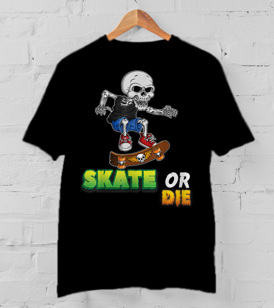 Skate Or Die Skeleton Skating Skull On Skateboard T-Shirt