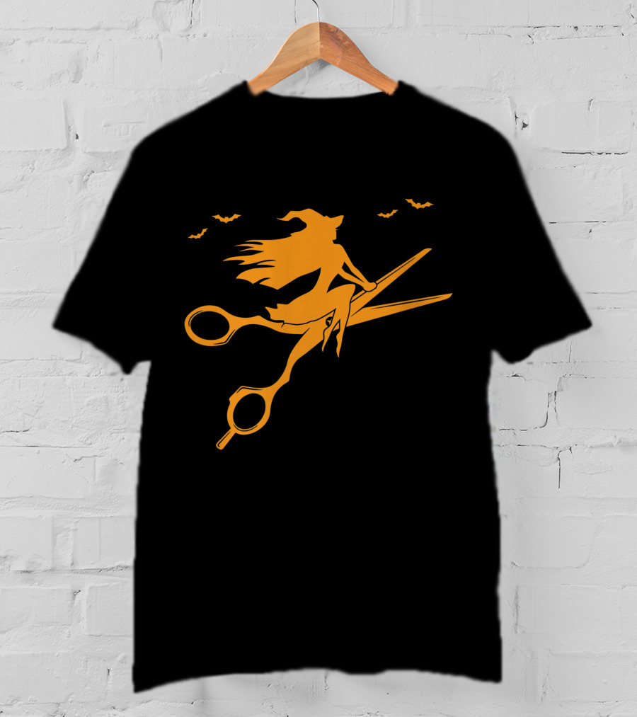 Witch On Scissors Broom With Bats Hair Stylist T-Shirt