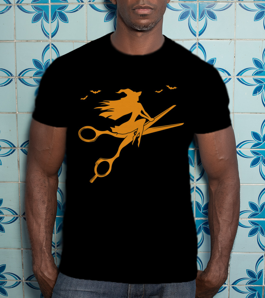 Witch On Scissors Broom With Bats Hair Stylist T-Shirt