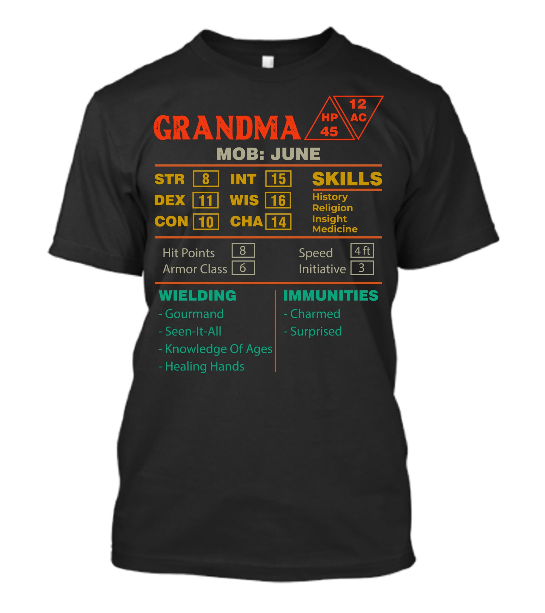 Grandma Stats Character Sheet MOB June Skills HP Wielding Immunities T-Shirt