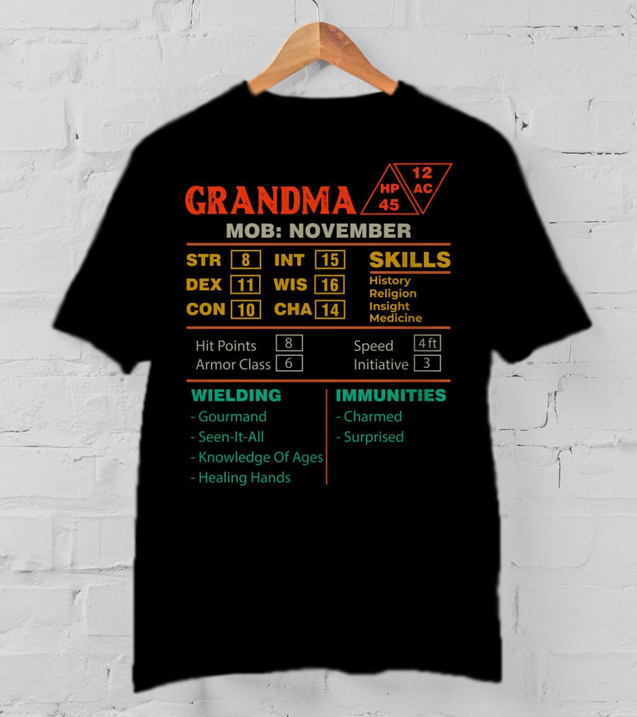 Grandma Stats Character Skills November MOB RPG Sheet T-Shirt