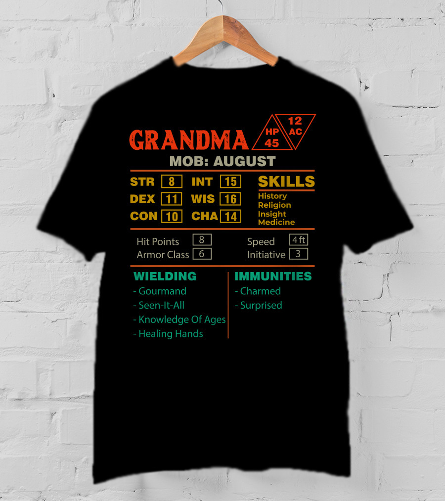Grandma RPG Stats Character Sheet MOB August STR DEX CON INT WIS CHA Skills Immunities Wielding T-Shirt