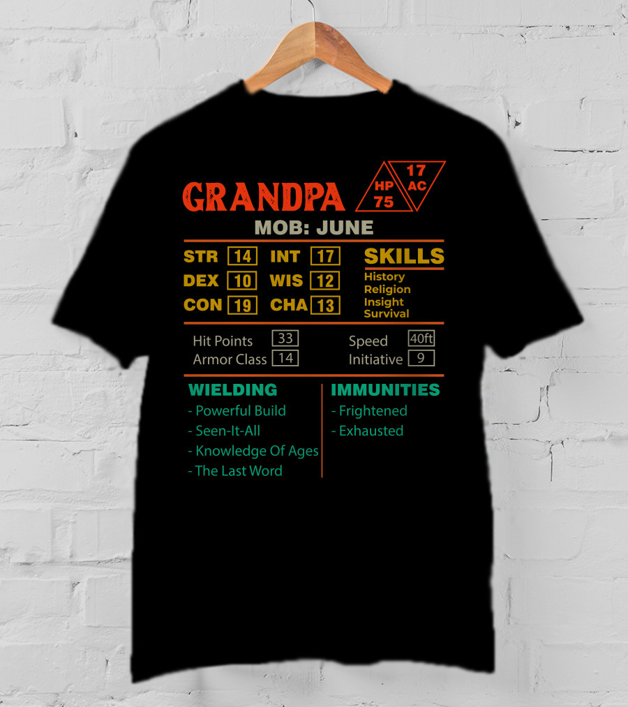 Grandpa Character Sheet Stats Mob June STR DEX CON INT WIS CHA Skills Wielding Immunities HP AC T-Shirt