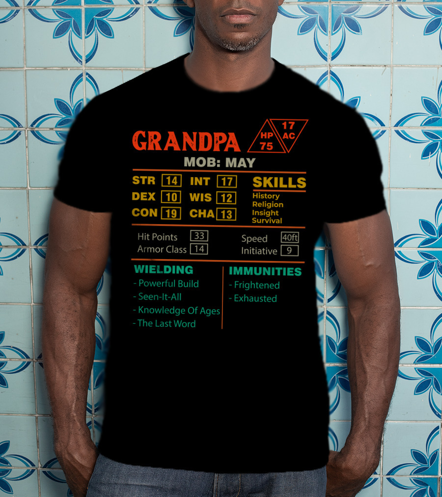 Grandpa Character Stats Sheet Mob May STR DEX CON INT WIS CHA Skills Wielding Immunities T-Shirt