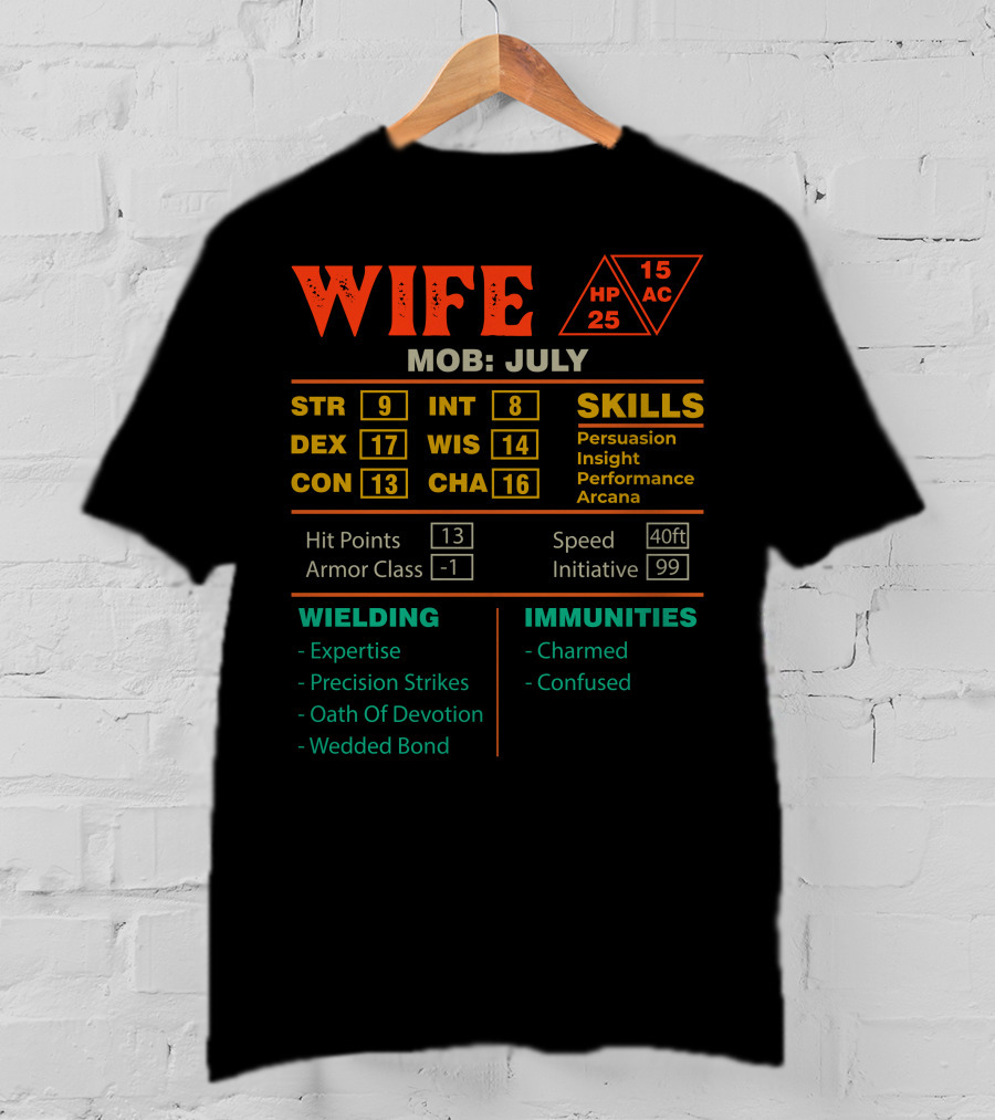 Wife Stats Character Sheet July Mob Strength Dexterity Skills Immunities Wielding T-Shirt