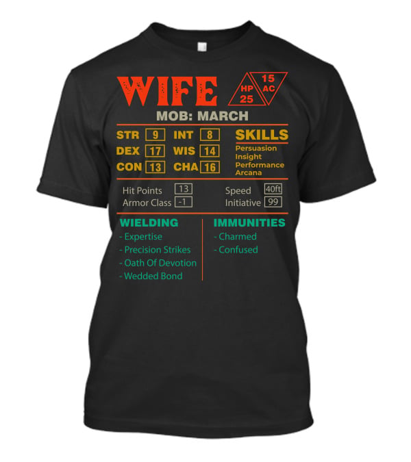Wife Stats Character Sheet MOB: March Skills Strength Dexterity Immunities Hit Points T-Shirt
