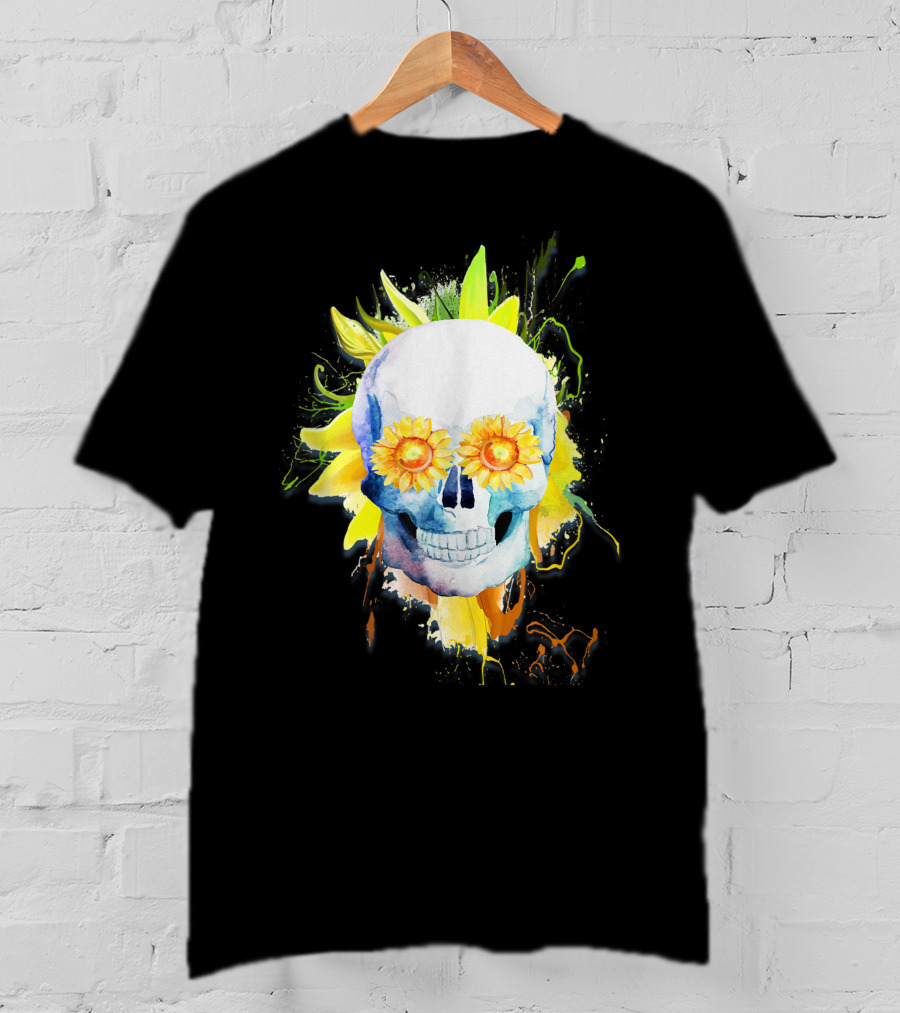 Dia De Los Muertos Halloween Sunflower Skull With Colorful Explosion Background T-Shirt