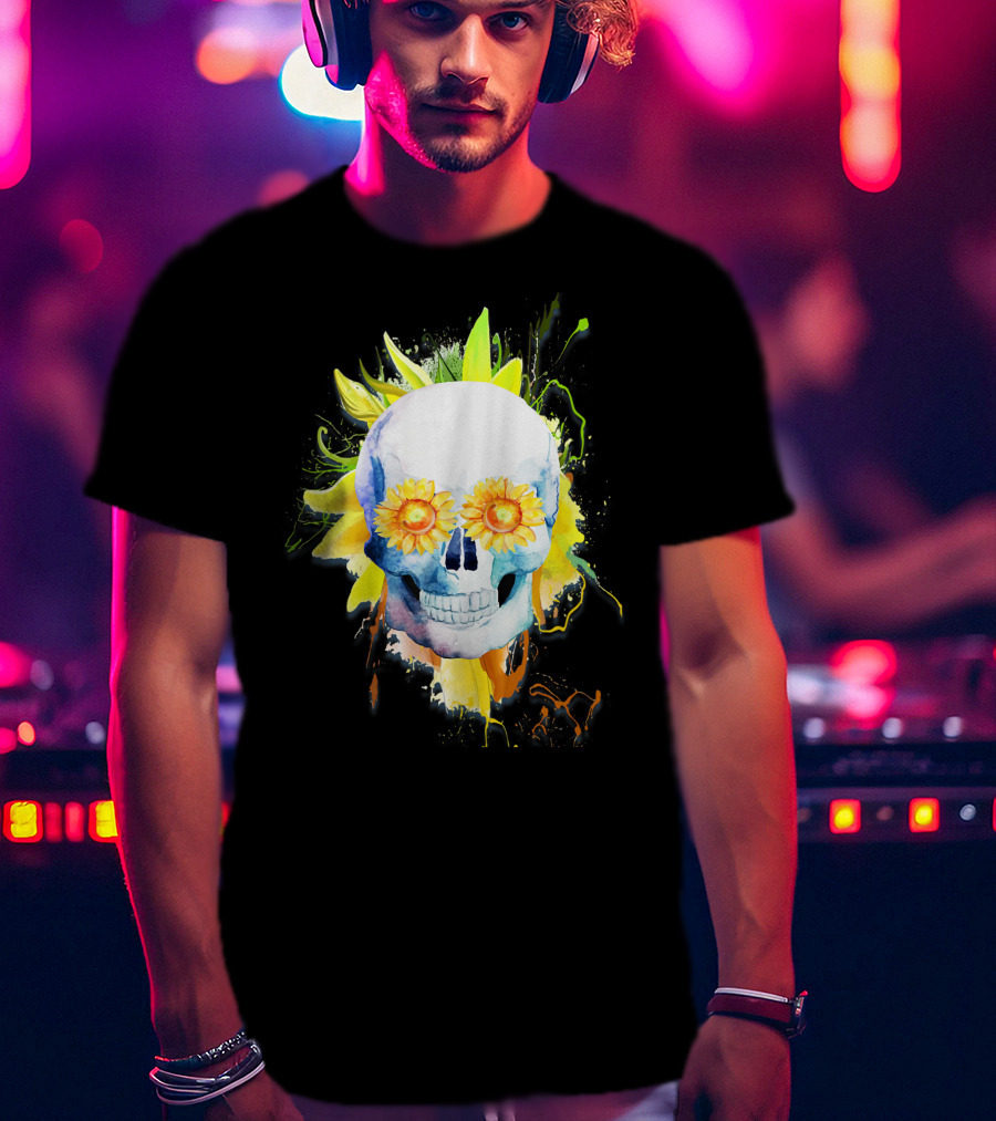 Dia De Los Muertos Halloween Sunflower Skull With Colorful Explosion Background T-Shirt