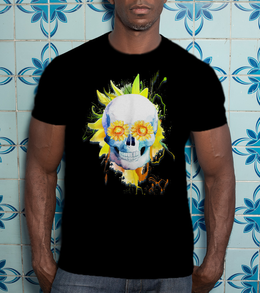 Dia De Los Muertos Halloween Sunflower Skull With Colorful Explosion Background T-Shirt