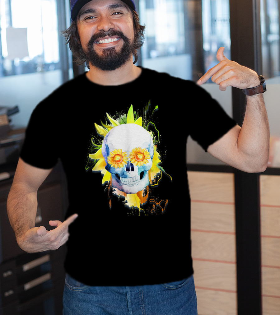 Dia De Los Muertos Halloween Sunflower Skull With Colorful Explosion Background T-Shirt