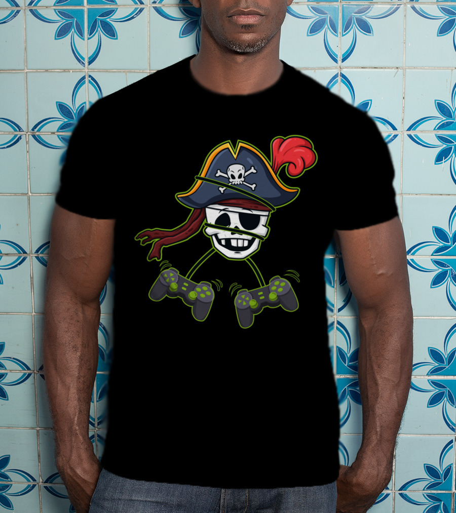 Halloween Pirate Skeleton Video Gamer Controllers Playful Skull Hat T-Shirt