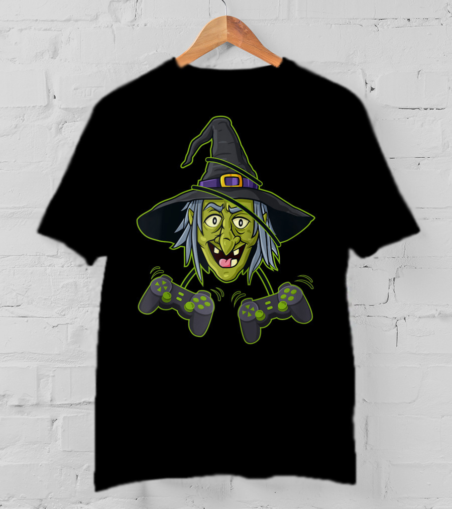 Halloween Witch Video Gamer Controllers Gaming Wizard T-Shirt
