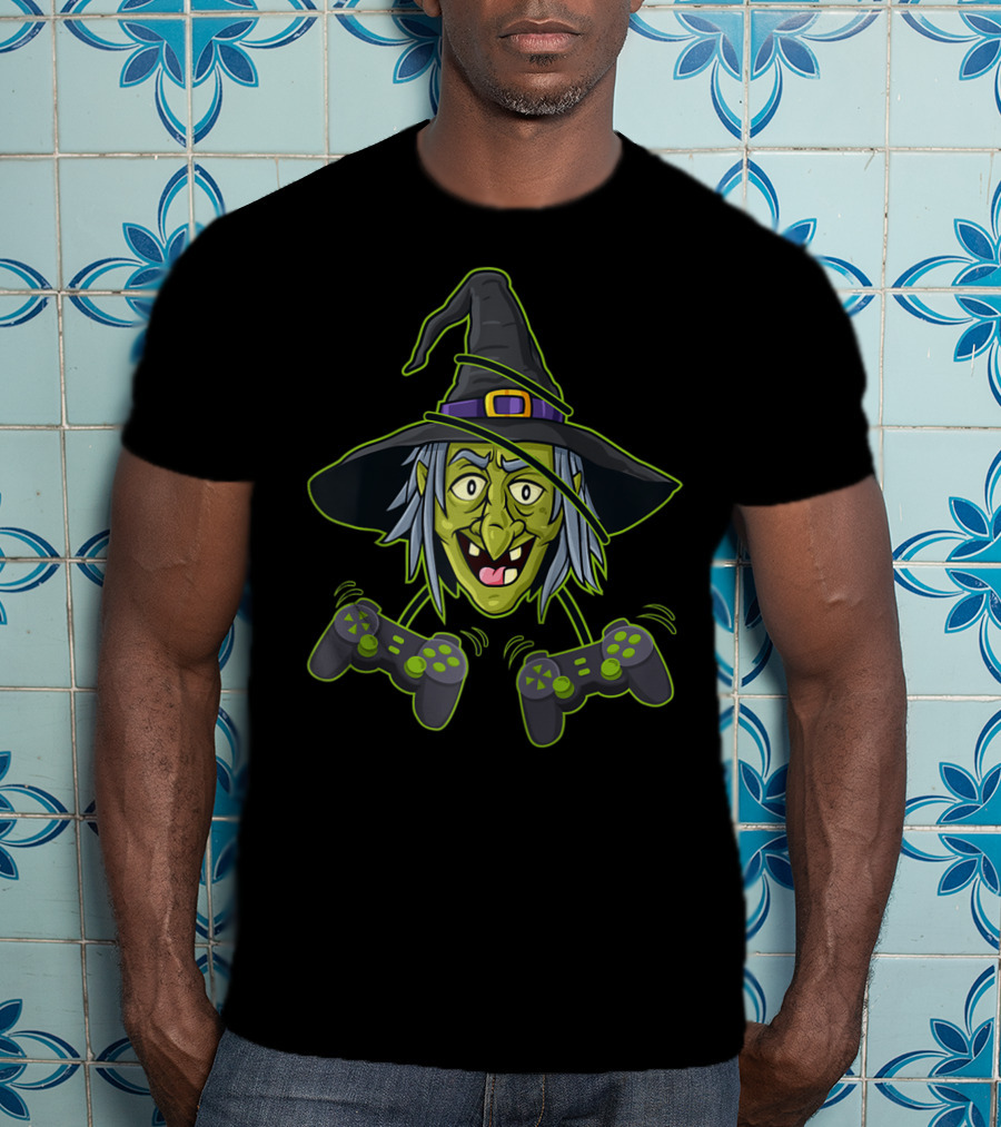 Halloween Witch Video Gamer Controllers Gaming Wizard T-Shirt