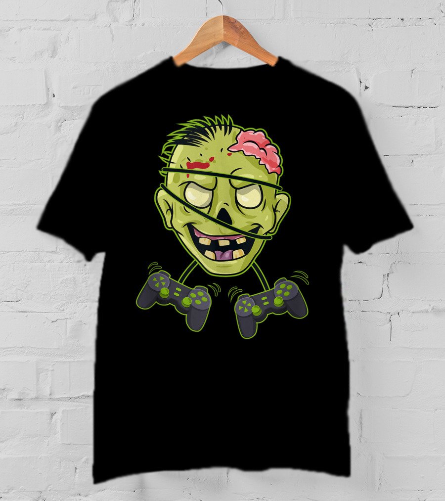 Halloween Zombie Gamer Controller Head With Split Expression T-Shirt