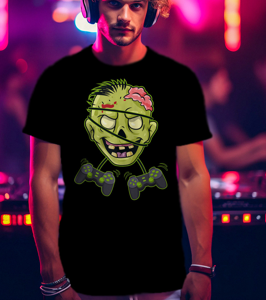 Halloween Zombie Gamer Controller Head With Split Expression T-Shirt