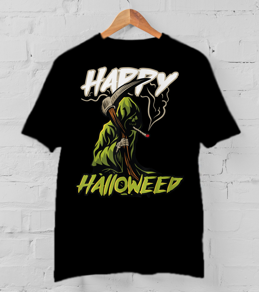 Happy Halloweed Grim Reaper Smoking Weed Cannabis T-Shirt