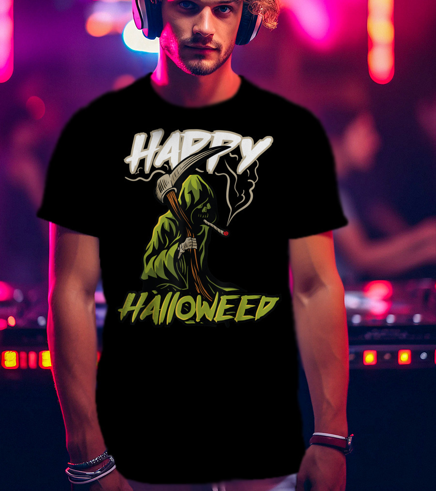 Happy Halloweed Grim Reaper Smoking Weed Cannabis T-Shirt