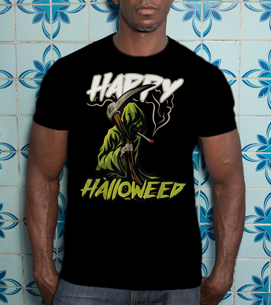 Happy Halloweed Grim Reaper Smoking Weed Cannabis T-Shirt