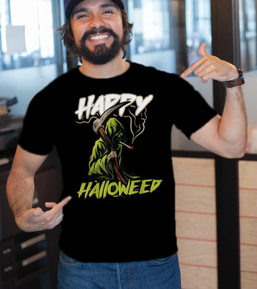 Happy Halloweed Grim Reaper Smoking Weed Cannabis T-Shirt