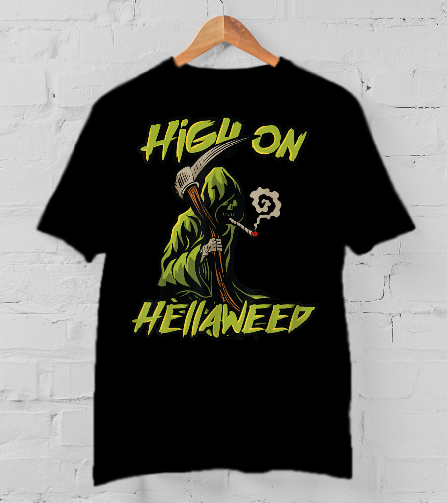 High On Hellaweed Grim Reaper Smoking Weed THC CBD T-Shirt