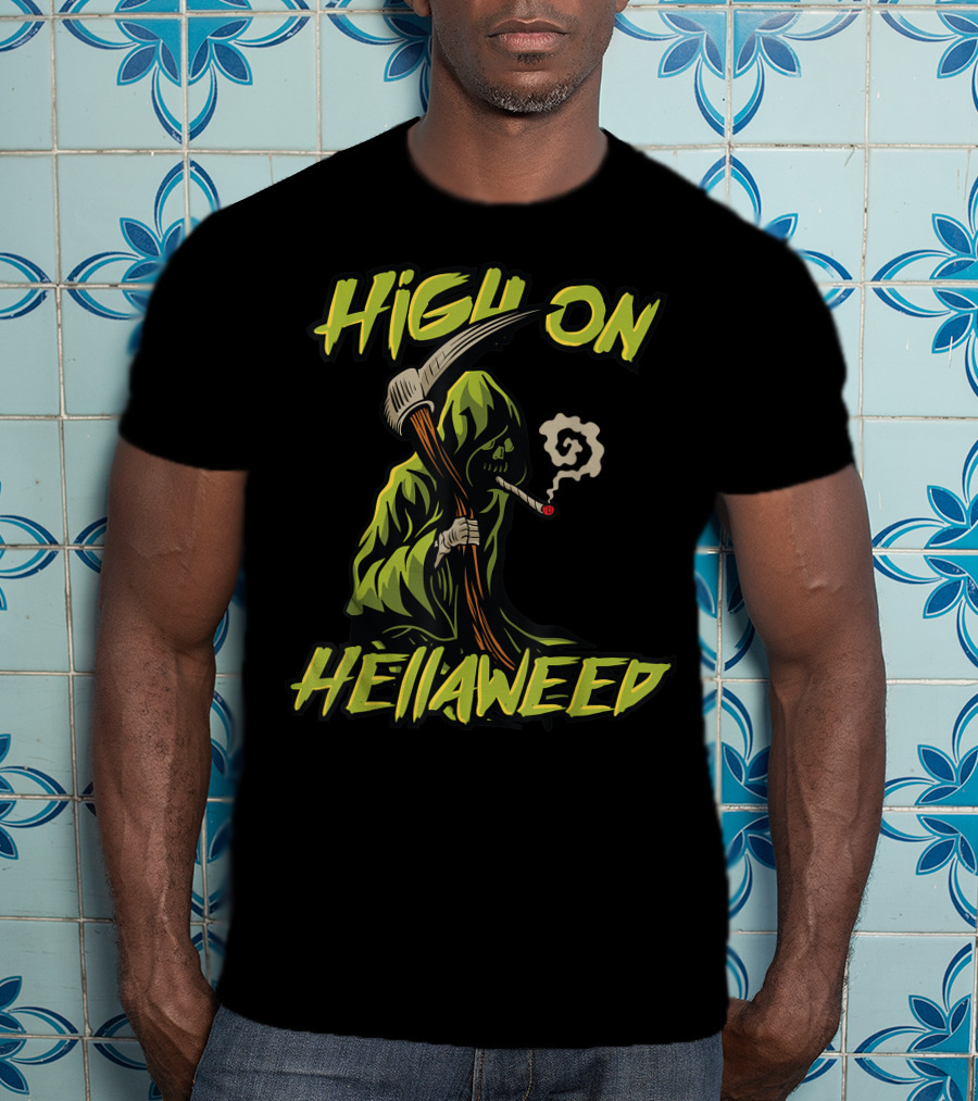 High On Hellaweed Grim Reaper Smoking Weed THC CBD T-Shirt