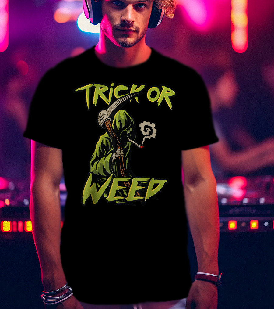 Trick Or Weed Grim Reaper Smoking Cannabis Joint T-Shirt