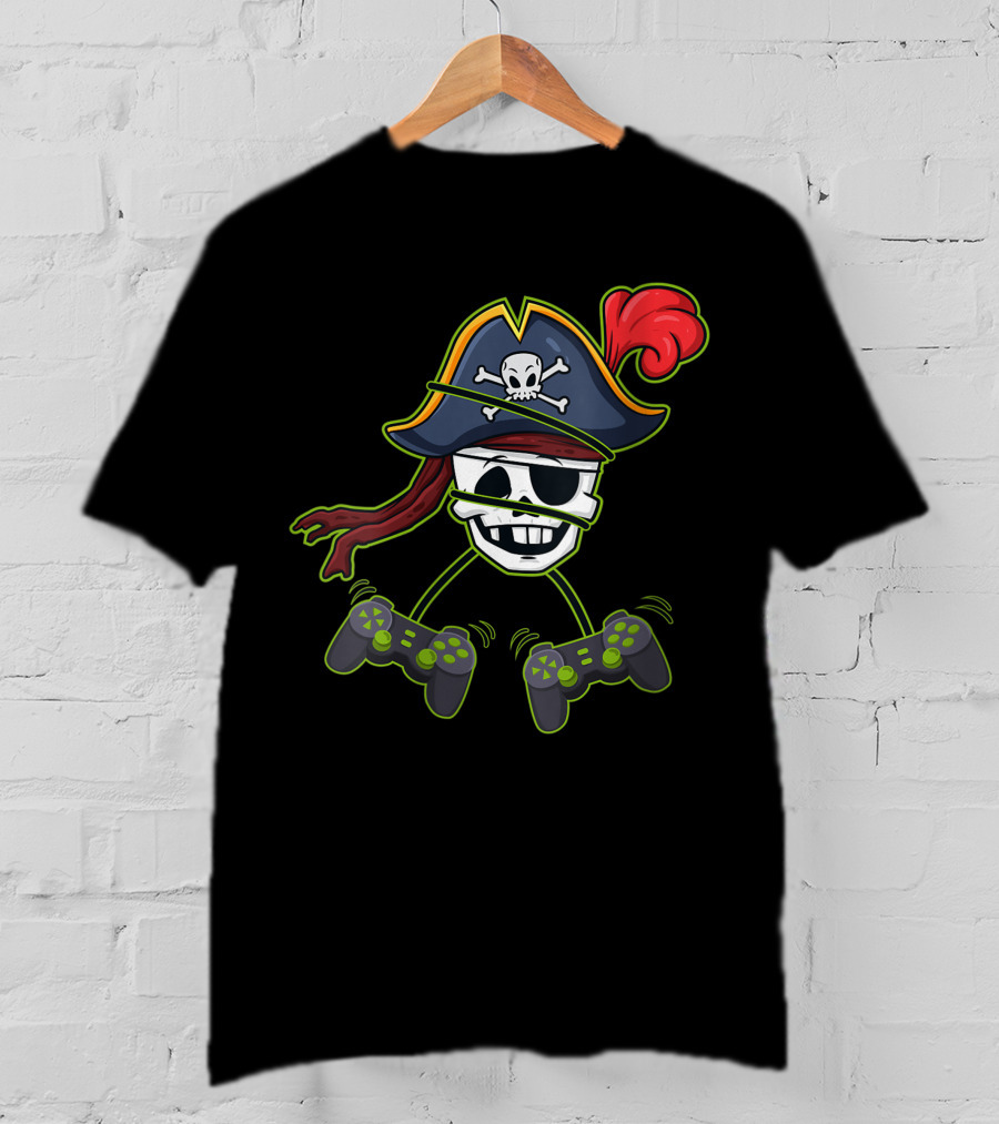 Halloween Pirate Skeleton Gamer With Controller Hat And Crossbones T-Shirt
