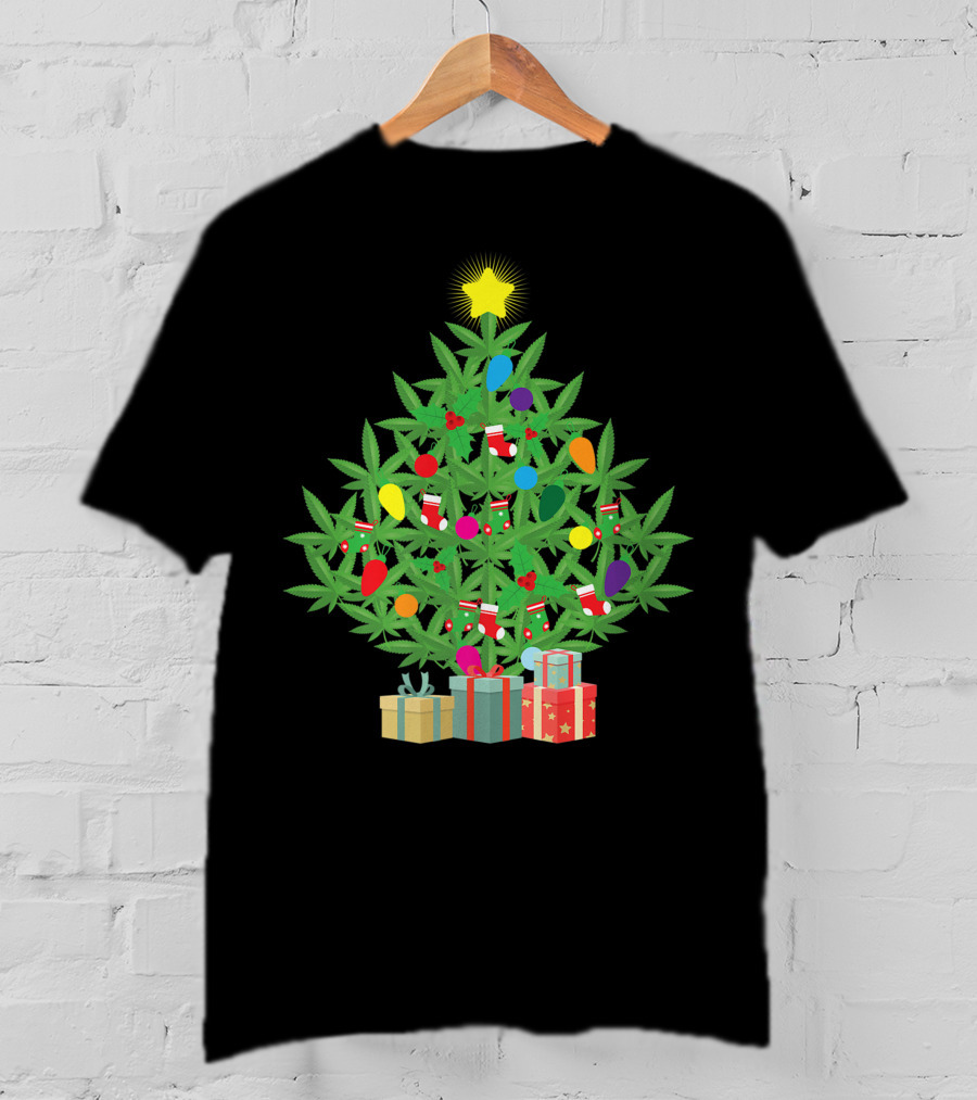 Cannabis Leaf Christmas Tree With Star And Colorful Holiday Lights T-Shirt