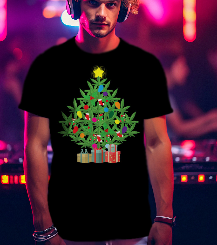 Cannabis Leaf Christmas Tree With Star And Colorful Holiday Lights T-Shirt