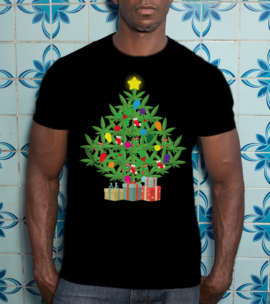 Cannabis Leaf Christmas Tree With Star And Colorful Holiday Lights T-Shirt