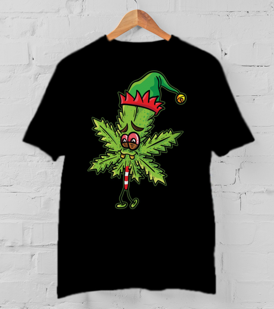 Stoned Elf Cannabis Leaf With Festive Hat Smoking Weed Elves T-Shirt