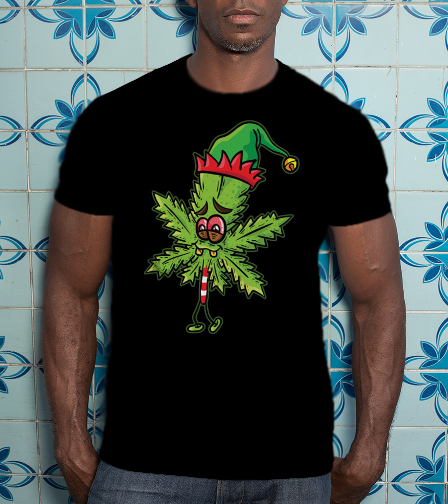Stoned Elf Cannabis Leaf With Festive Hat Smoking Weed Elves T-Shirt
