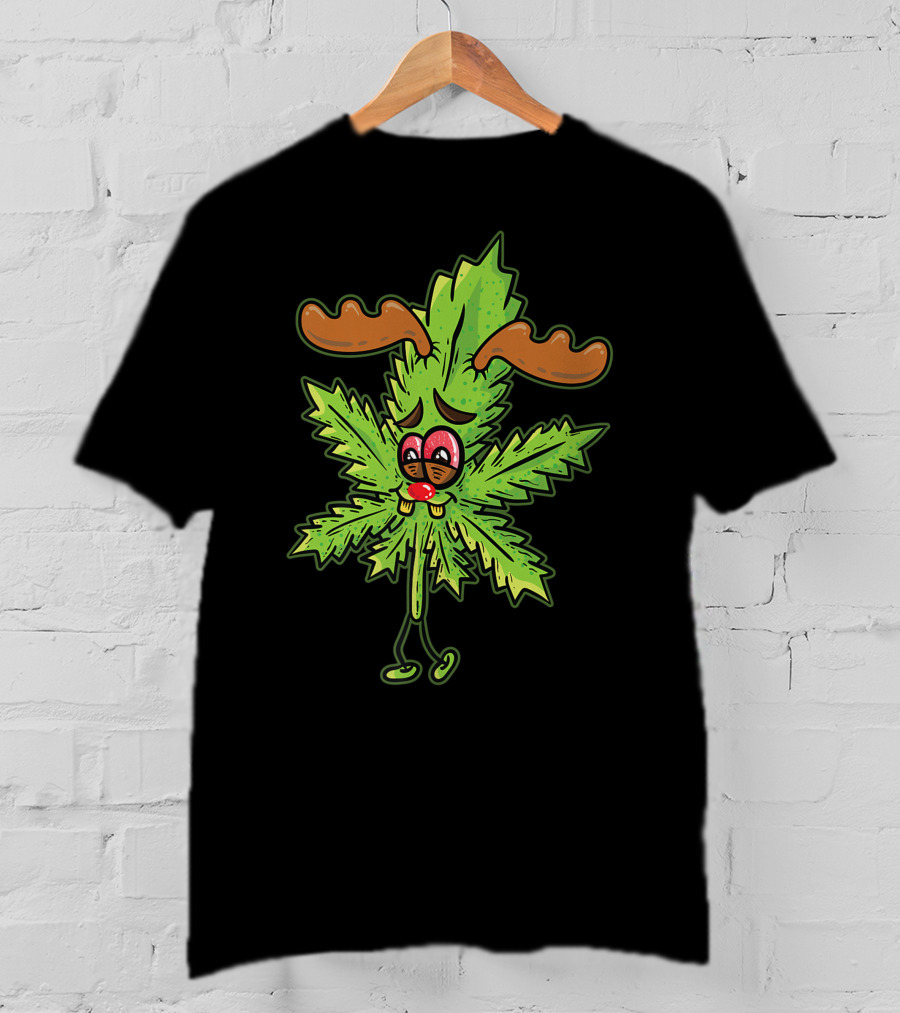Cannabis Leaf Stoned Reindeer Weed Smoking Rudolph Marijuana Leaf Antlers T-Shirt
