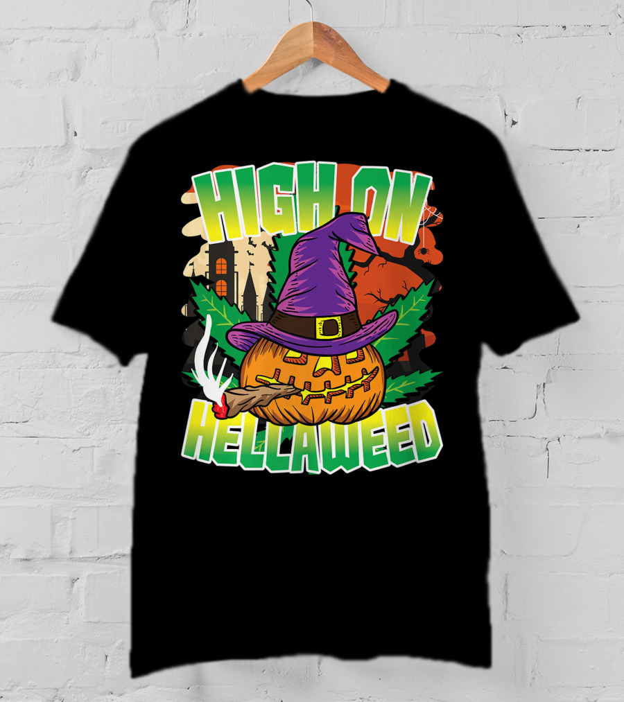 High On Hellaweed Pumpkin Smoking Weed THC Halloween Stoner T-Shirt
