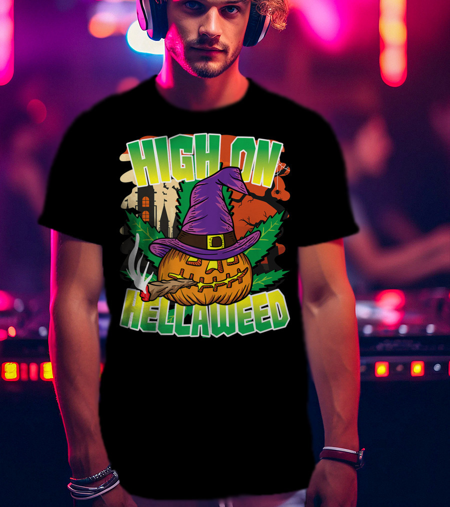 High On Hellaweed Pumpkin Smoking Weed THC Halloween Stoner T-Shirt