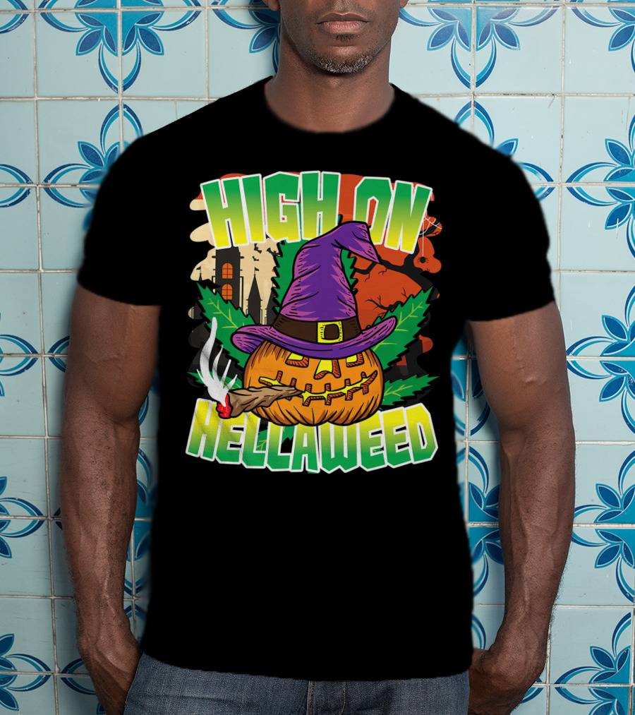 High On Hellaweed Pumpkin Smoking Weed THC Halloween Stoner T-Shirt